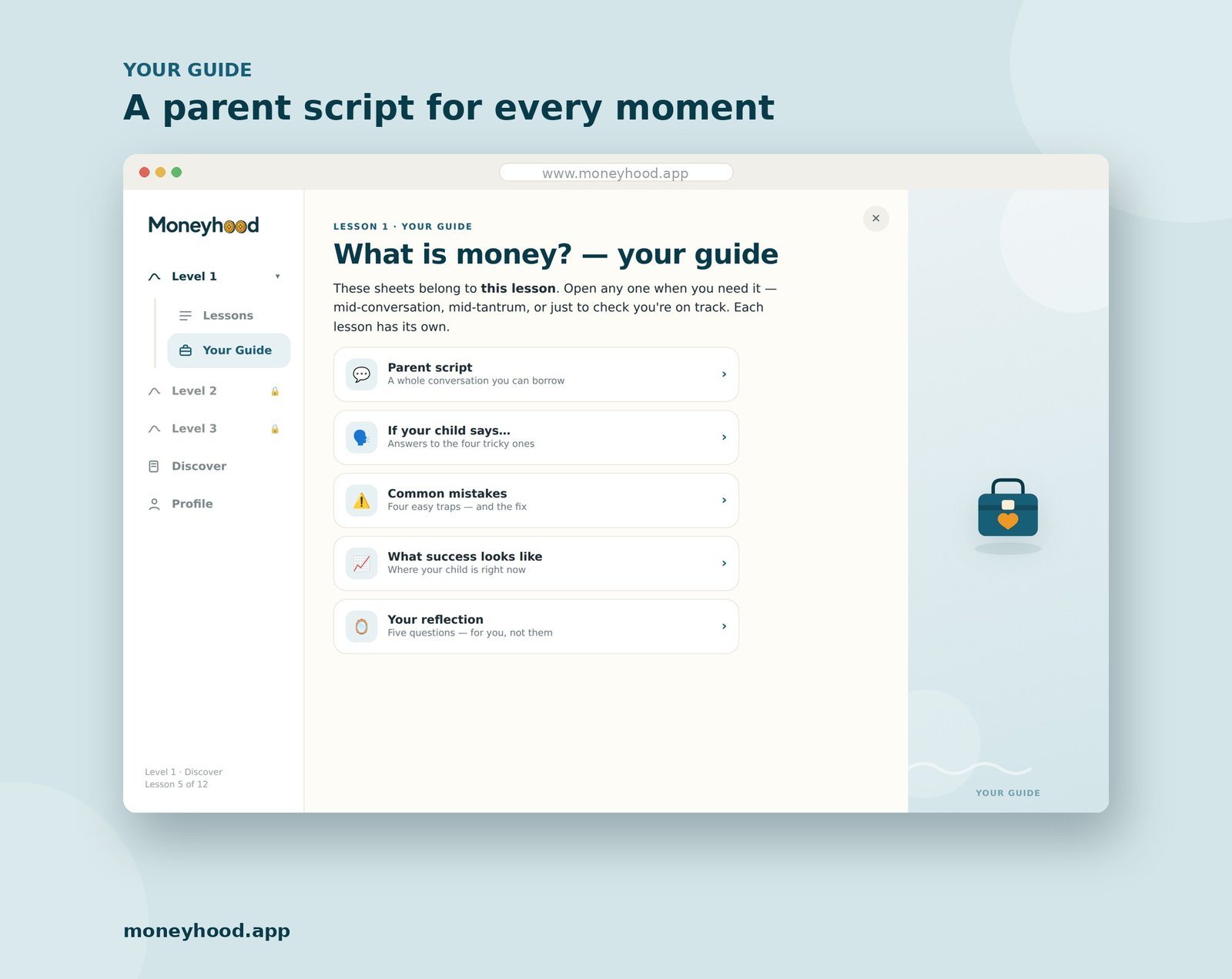 Inside the Money Journey web app: a parent script, answers to tricky questions, common mistakes and what success looks like, for every lesson.