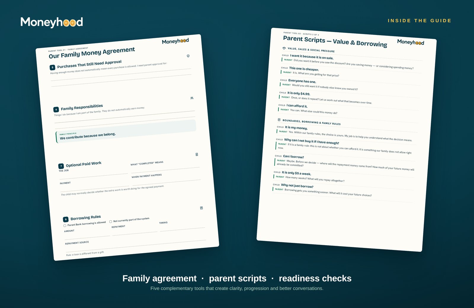 Moneyhood™ parent tools: the Family Money Agreement and Parent Scripts for value, borrowing and family rules.